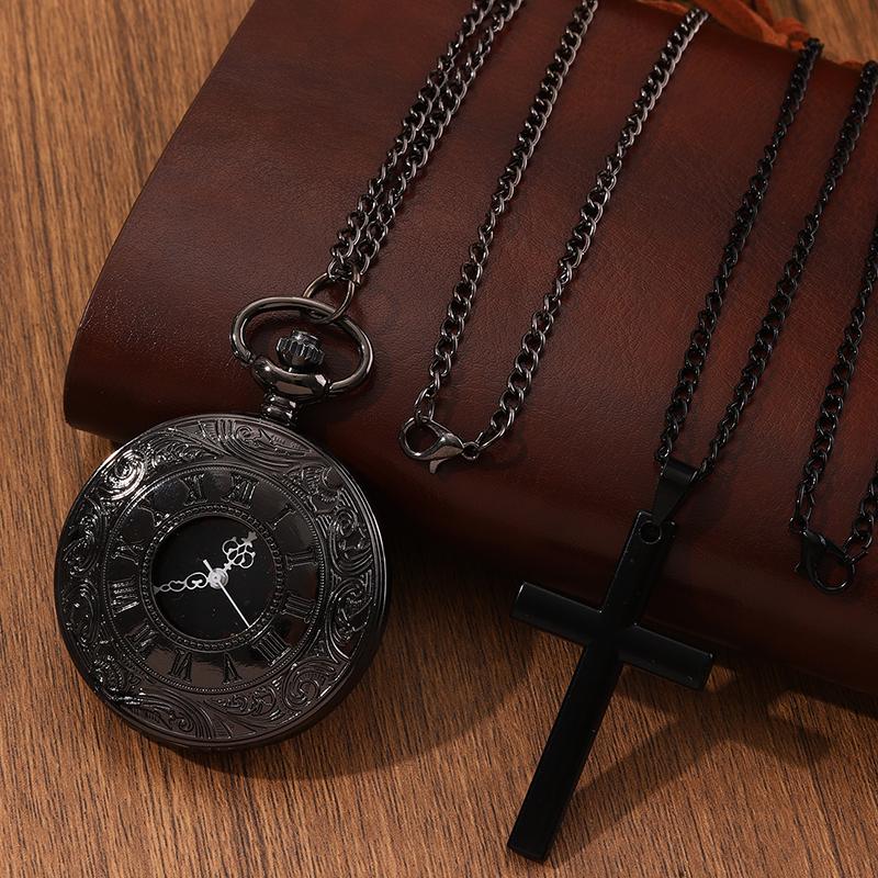 2 шт./набор, римские цифры кварцевые карманные часы для мужчин и женщин полые винтажные часы с цепочкой и 1 шт. мужские винтажные классические крестовые подвески на ожерелье, идеальный подарок
