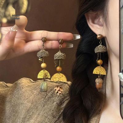 Этнические серьги-кисточки из сандалового дерева и сосновой шишки для женщин - Ретро нишевые украшения для ушей