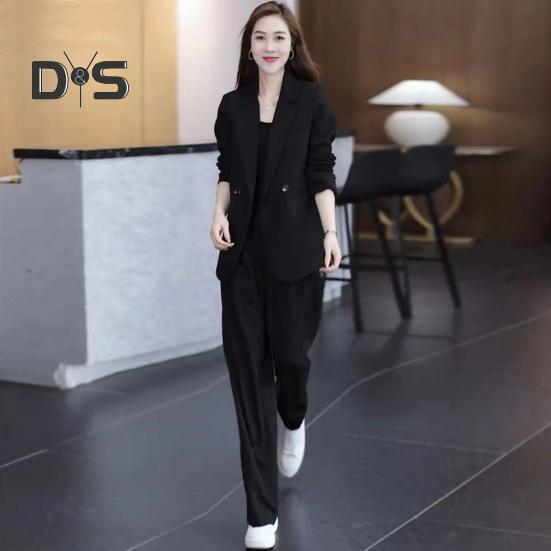 Женский комплект из 2 предметов: пальто и брюки, длинные рукава, кардиган с двумя пуговицами, куртка средней длины, свободные прямые широкие брюки с высокой талией, формальные