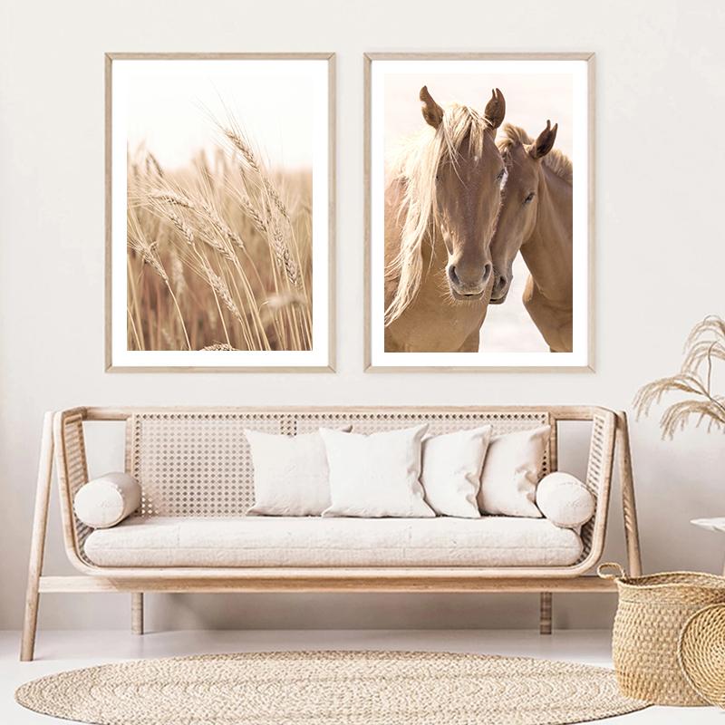 Wheat Cow Horse Grassland Scenery Wall Art Posters and Prints Landscape Print Nordic Painting Decorative Picture Home Decoration