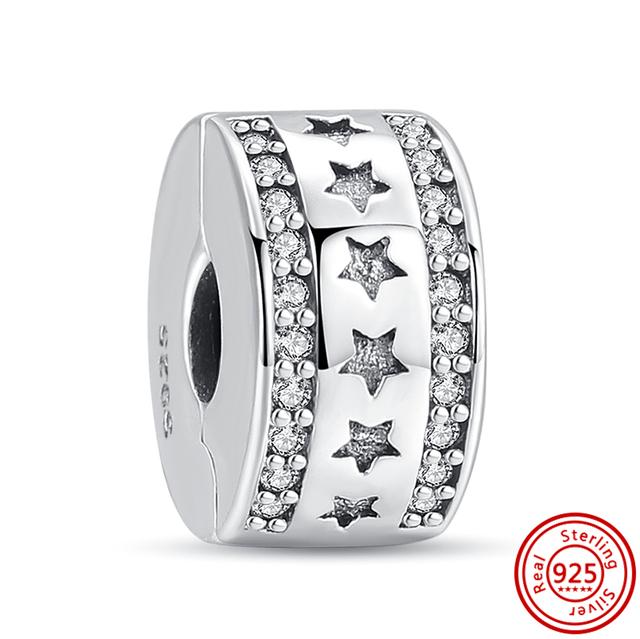 Стерлингового серебра 925 пробы, белый прозрачный циркон, сверкающие модные бусины-клипсы, подходящие для браслетов, ювелирных изделий