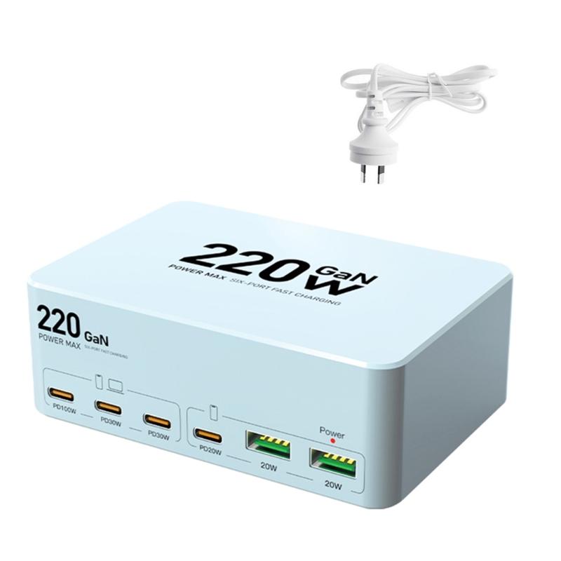 Multi Port Fast Charging Station 220W Power Adapter with Type C & USB Port Allows 6 Devices Simultaneously Charging
