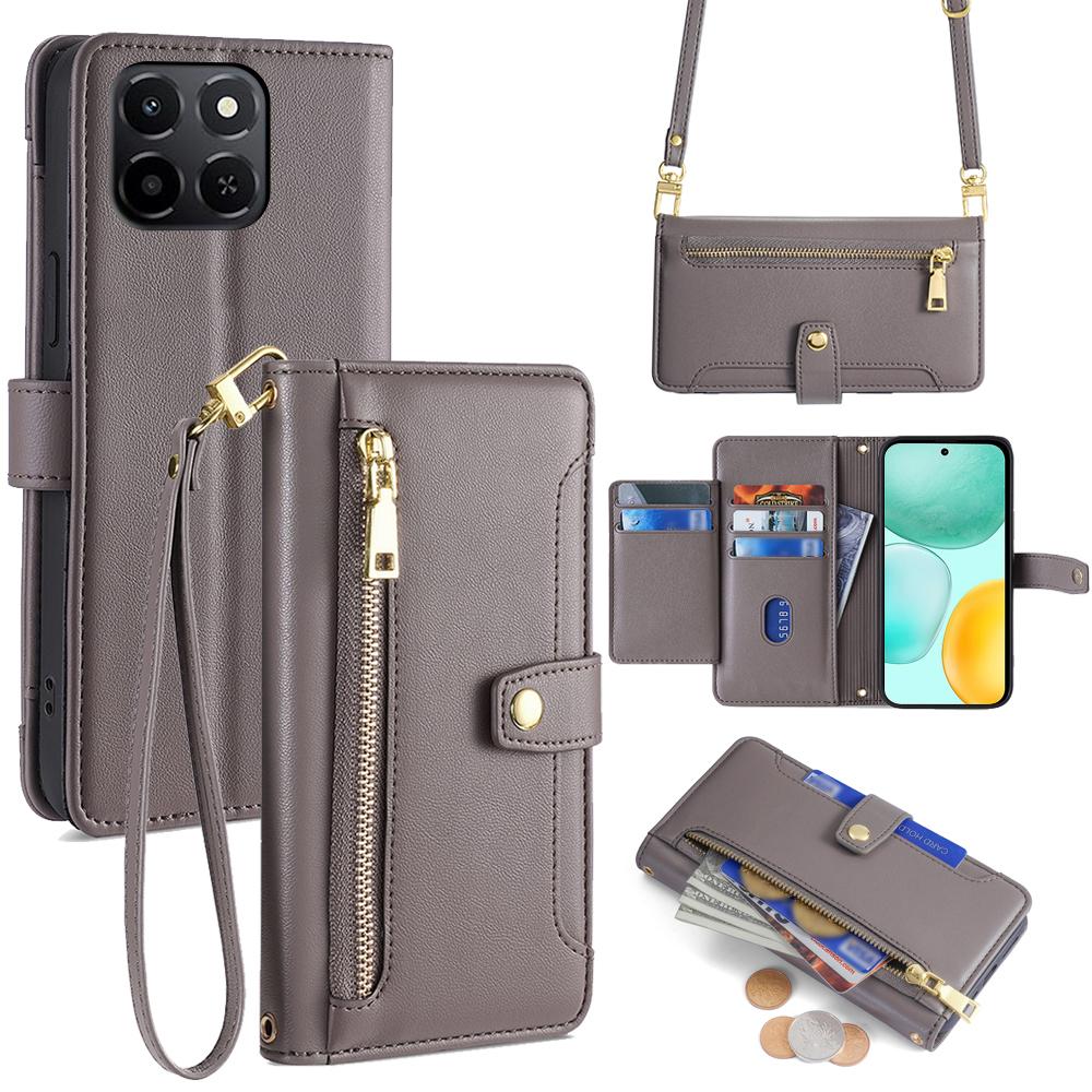 For Honor X6c 4G Leather Case Zipper Pocket Wallet Phone Cover with 2 Straps