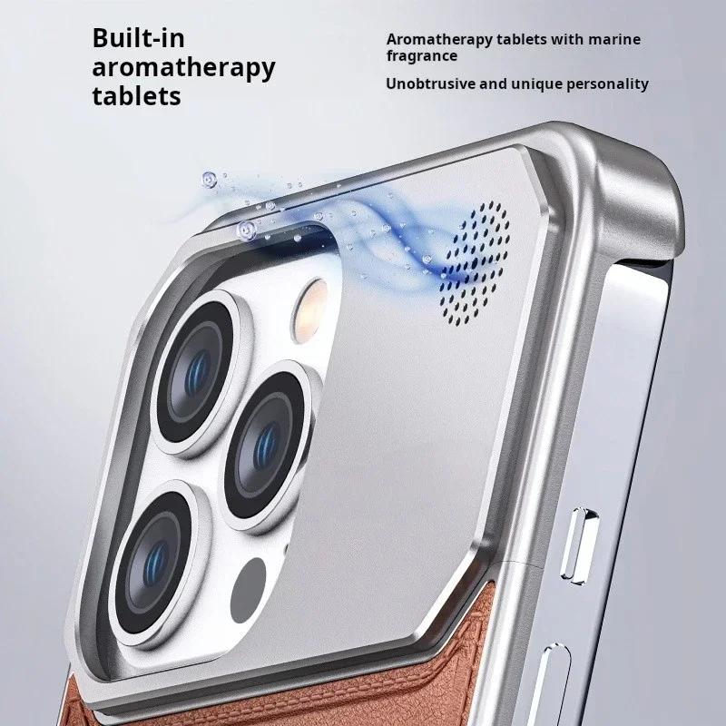 2 в 1 алюминиевый кожаный магнитный чехол MagSafe с беспроводной зарядкой для iPhone 15 14 13 Pro Max, металлический бескаркасный чехол для ароматерапии