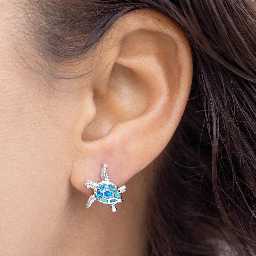 Cute Sea Turtle Stud Earrings For Women Fashion Imitation Blue Fire Opal Stud Earrings For Women Wedding Band Jewelry Gifts