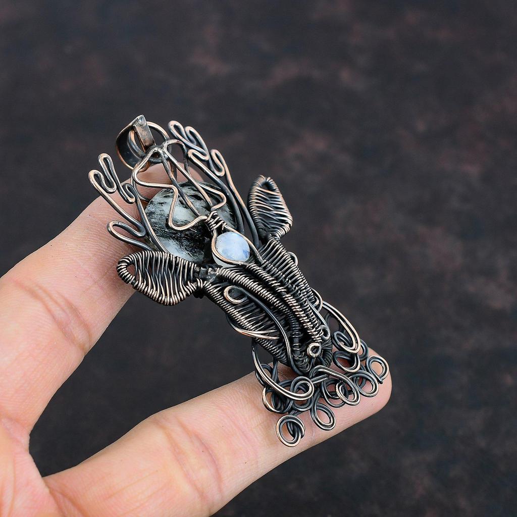Astrophyllite Pendant Copper Wire Wrapped Gemstone Pendant Handmade Deer Face Jewelry Rainbow Moonstone Pendant Copper Jewelry Gifts For Her