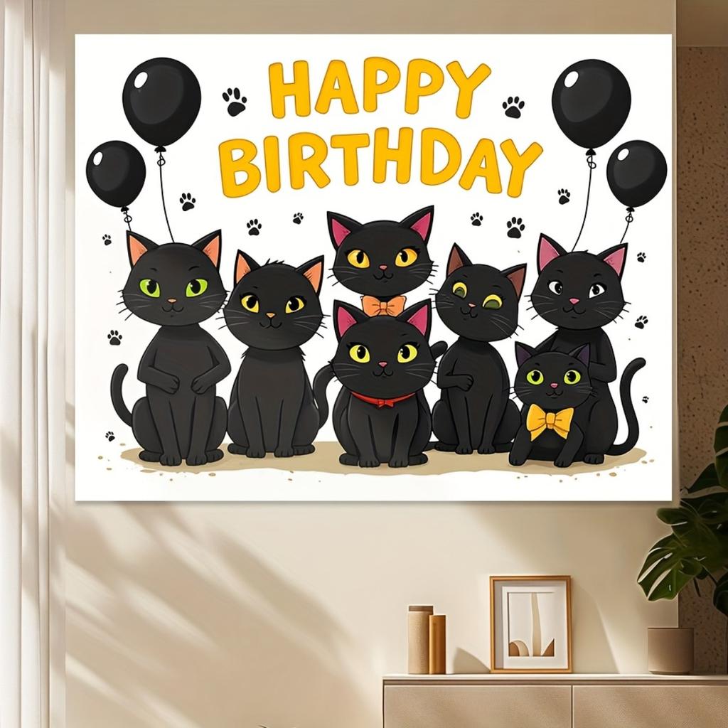 A black cat birthday banner - a lightweight and foldable polyester fiber decoration equipped with balloons and festive design