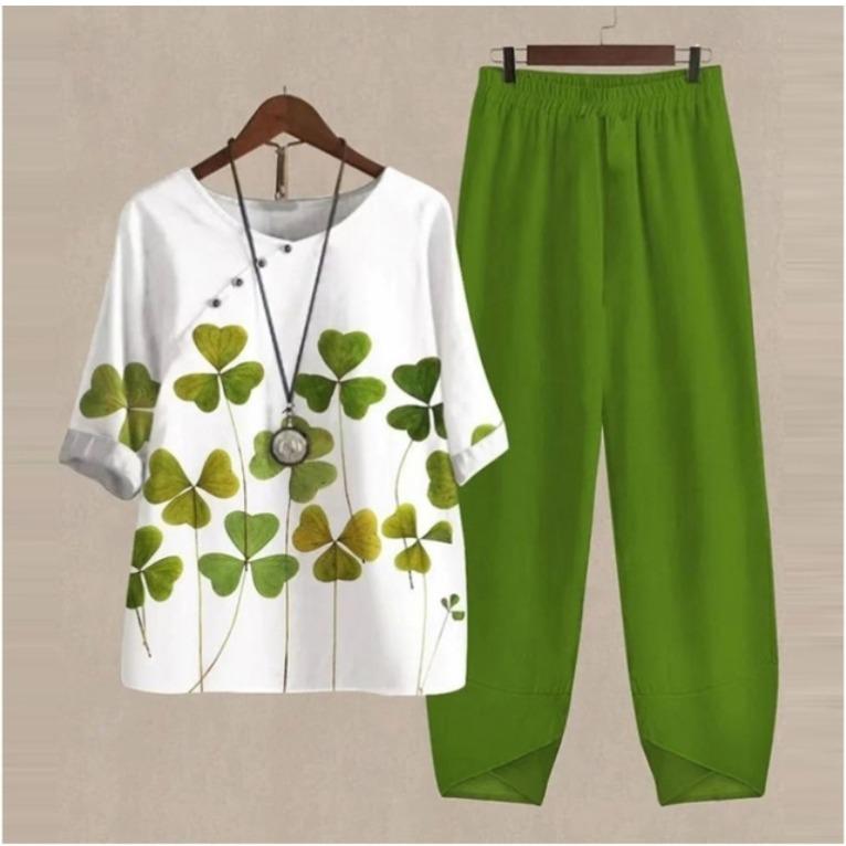 GMXIA Spring Women's Five-quarter Sleeve Printed Top and Pants Two-piece Set