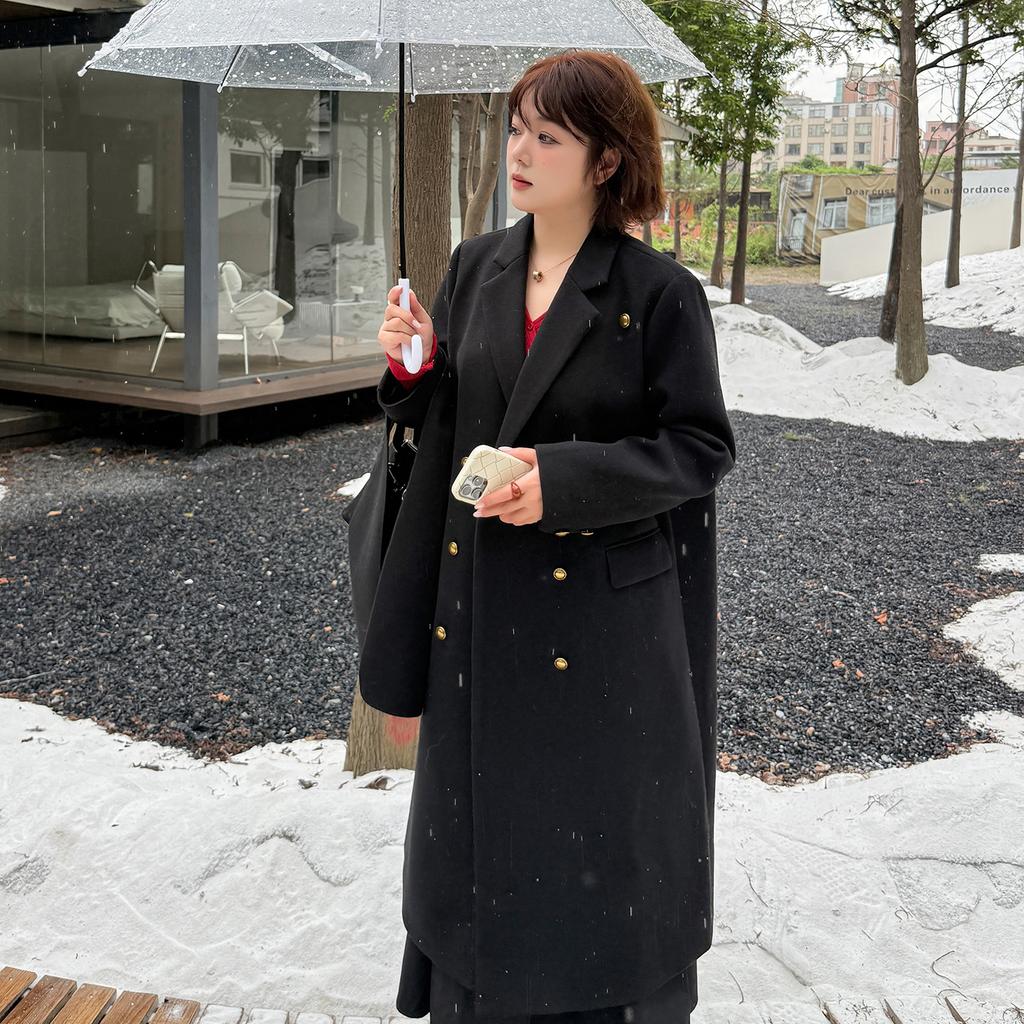 Large size women's temperament black woolen coat winter Hepburn style long trench coat jacket 413628