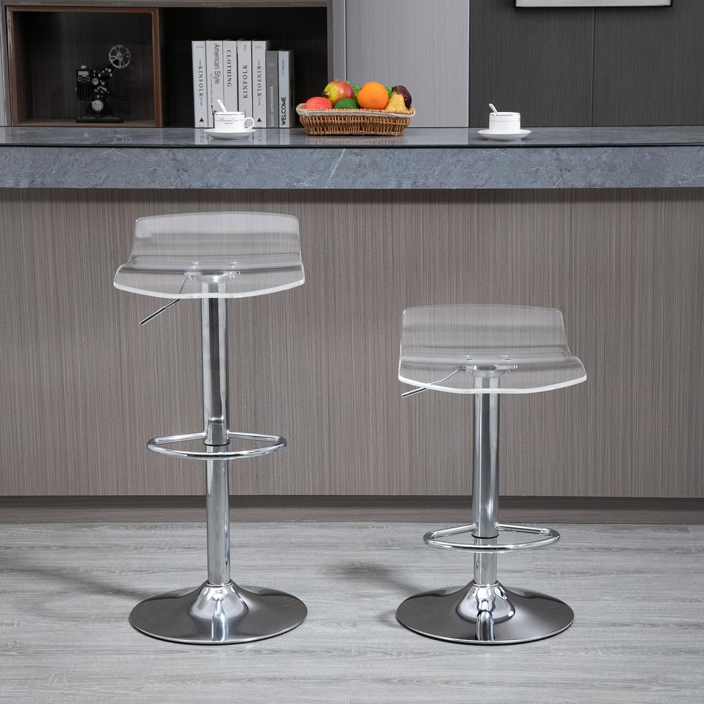 Set of 2 Contemporary Design Bar Stools Acrylic Seat and Metal Base - 360 degrees Swivel - Adjustable Height with Footrest - Transparent