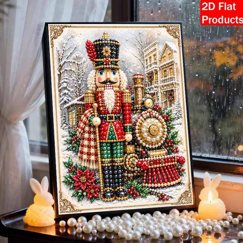 Christmas Nutcracker and Train Pearl Painting with Frame 3D Sparkling Canvas Art Relaxing Craft for Bedroom Wall Decor Holiday Gift