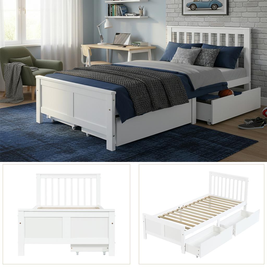 Wooden Bed, Single Bed, Youth Bed, Adult Bed, with Storage Drawers, Frame Made of Pine Wood, White (90x200cm)