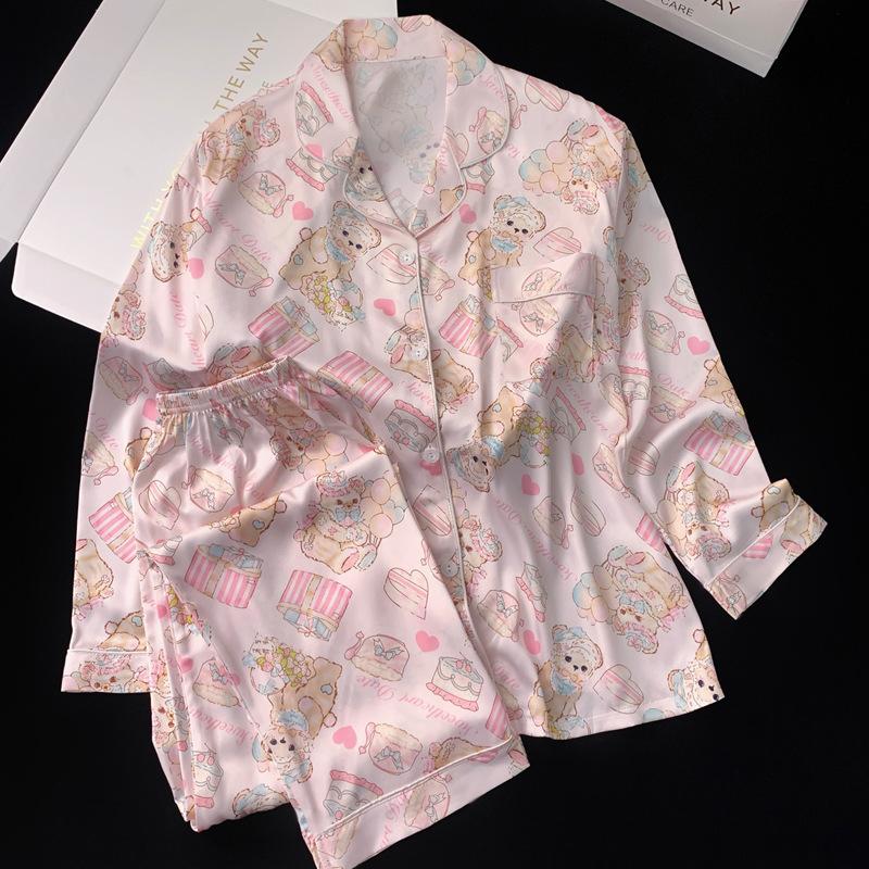 Новые весенние и осенние модели пижам для дома, костюм Pure Desire Wind Bear Cartoon Printing Girls Ice Silk Pijama Homewear