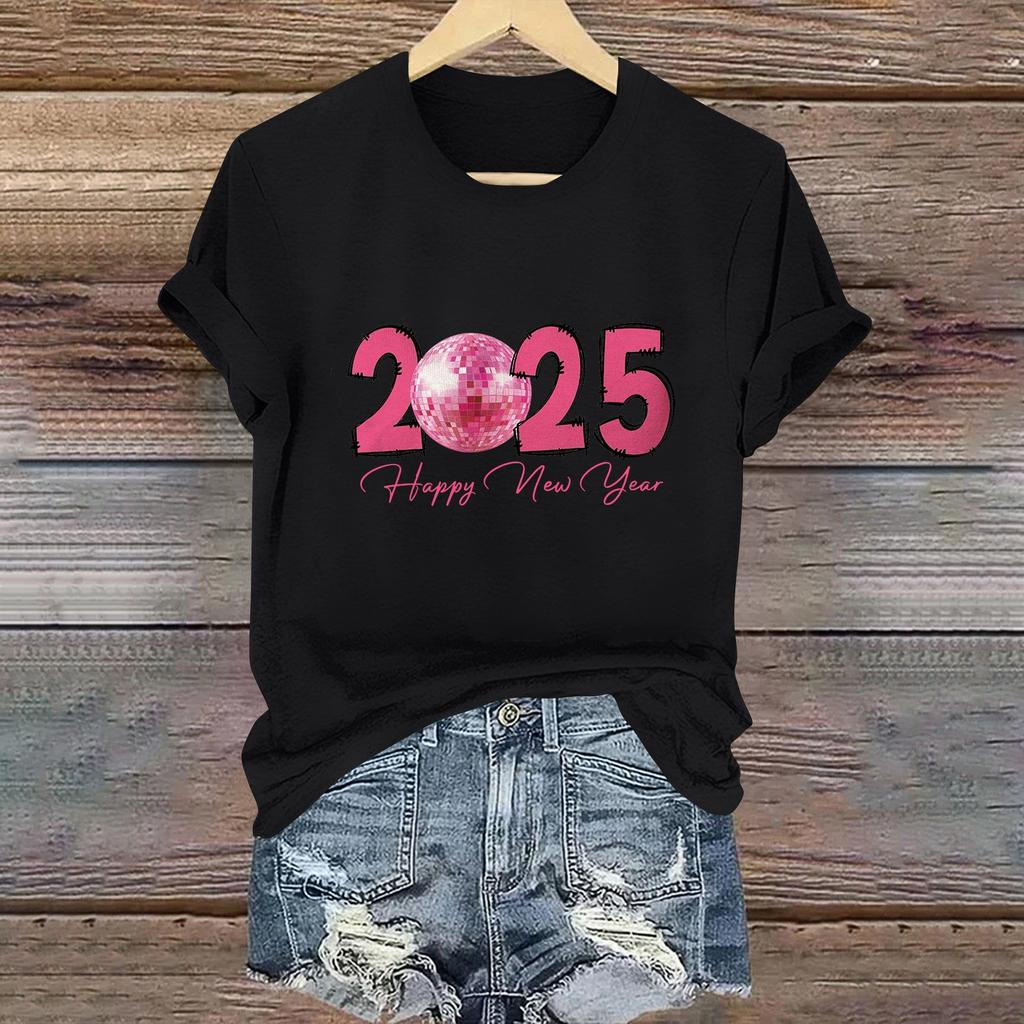 Women's Long Sleeve Round Neck T-Shirts 2025 New Year Print Puff Sleeve Shirts Button Blouses Tops