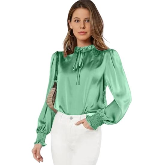 Женская рубашка со стойкой воротником, оборками, длинным рукавом, пуловер, однотонная, из шелковистого атласа, свободного кроя, повседневные топы