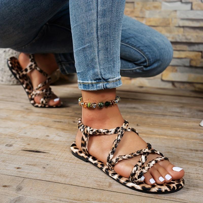 Женские сандалии-шлепанцы с леопардовым принтом - Стильные плетеные ремешки, эластичные, нескользящие, летняя пляжная обувь с подошвой из ТПР, повседневный дизайн с открытым носком для повседневной носки,