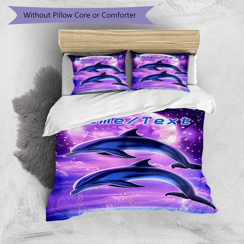 3PC Custom Name Dolphins Moonlight Bedding Set Duvet Cover Closure Includes 1 Duvet Cover & 2 Pillowcases for Bedroom