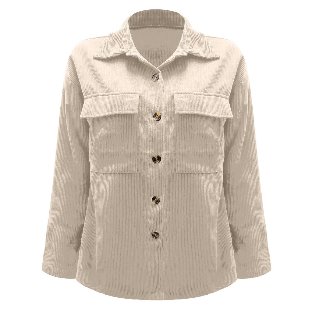 Women's And Winter Loose Corduroy Lapel Double Pockets Long-Sleeved Shirt Jacket
