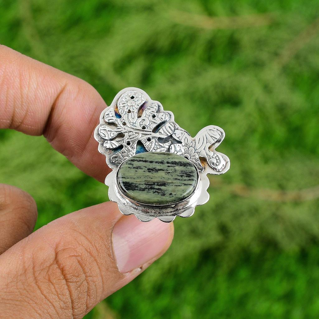 Gift For Women Promise Adjustable Ring 925 Silver Natural Silver Leaf Jasper