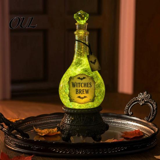 Collectibles for Magic Enthusiasts Halloween Witches Brew Glitter Potion Bottle Light, Resin LED Light Up Retro Decorative Ornaments Jar Decor, Witch