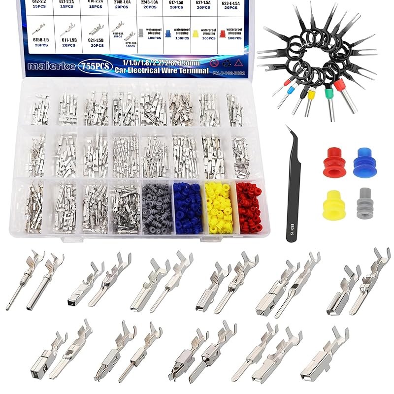 535PCS 26Type Pin Connectors Kit,Car Electrical Wire P 1/1.5/1.8/2.2/2.8/3.5mm Automotive Pin Connectors Kit Wire Removal Non-ulated Plug Male Female