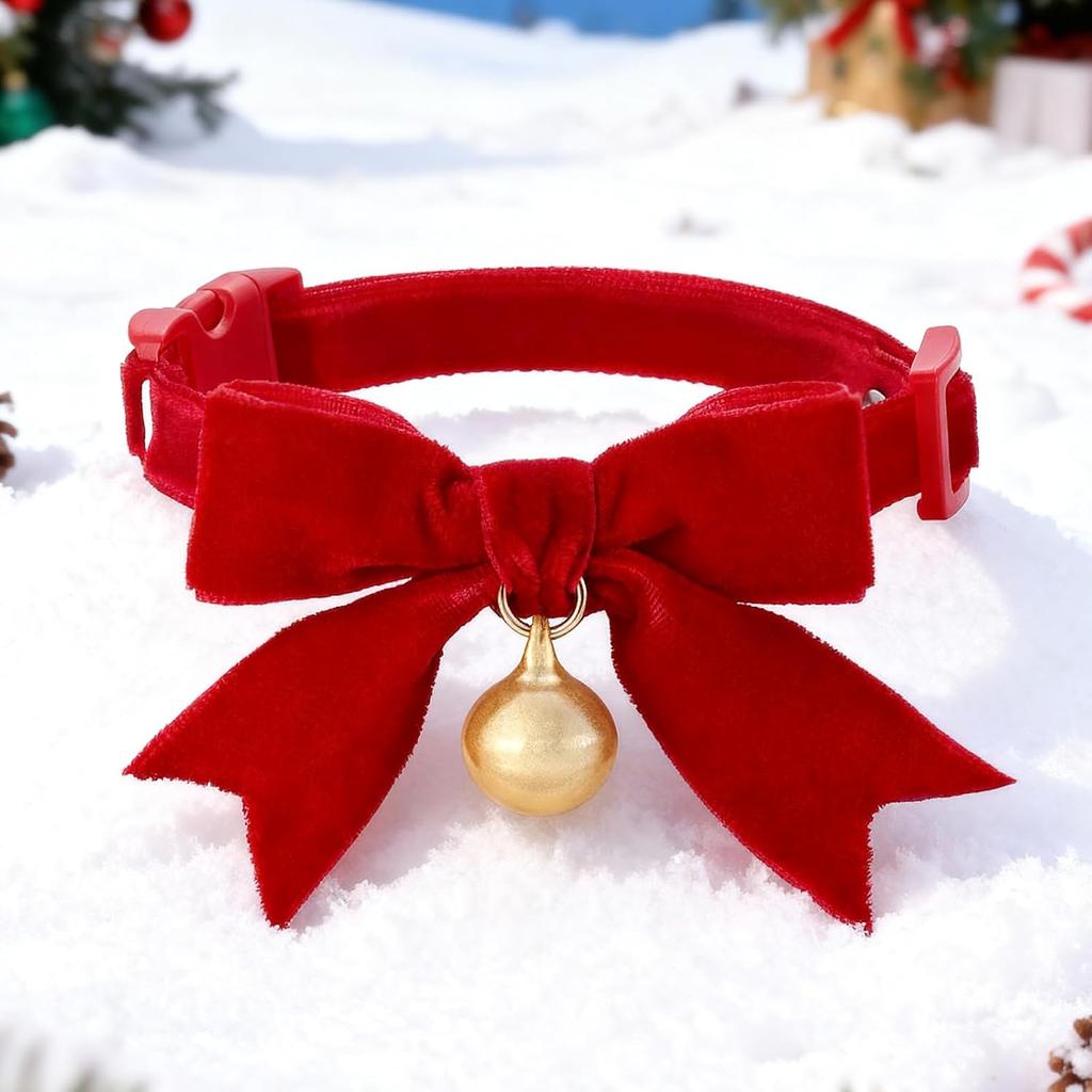 Christmas Pet Collar for Cats Dogs with Cute Bow Tie Bells, Red and Green Festival Collars, Safety Buckle Adjustable Breakaway Cat Bowtietie