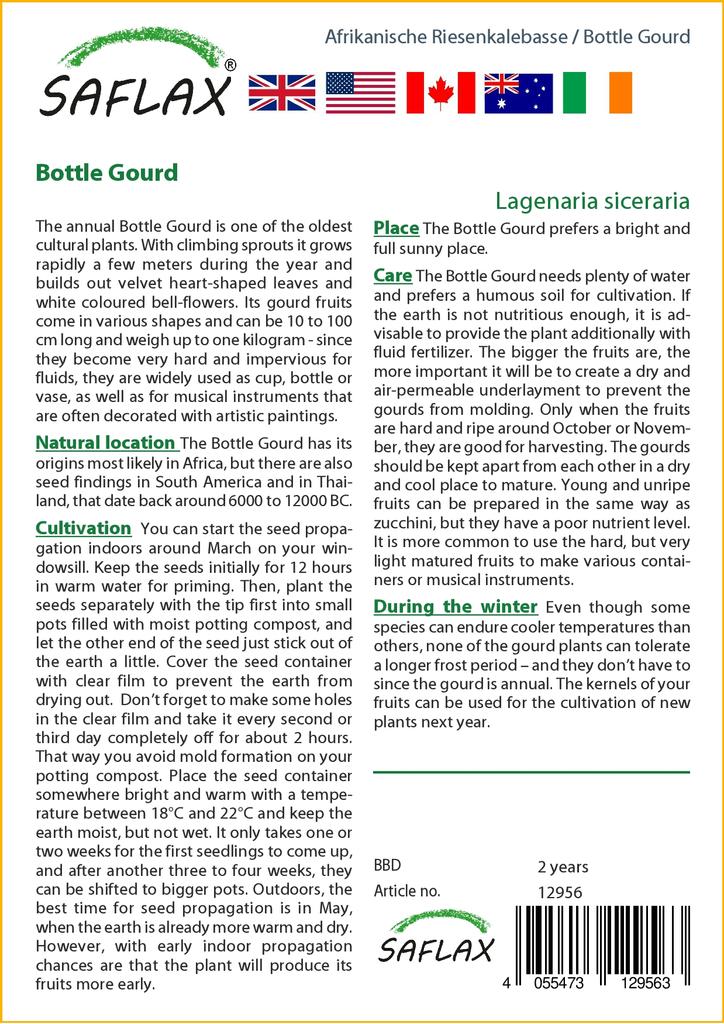 SAFLAX Подарочный набор - Тыква бутылочная - 15 семян - С подарочной коробкой, карточкой, этикеткой и субстратом для горшков - Lagenaria siceraria