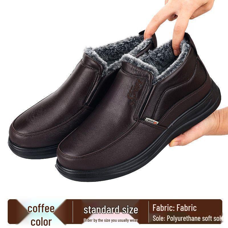 Зимние кожаные теплые хлопковые сноубутсы для среднего и пожилого возраста - Нескользящие, с шерстяной подкладкой, утепленные бархатом кроссовки для пап.