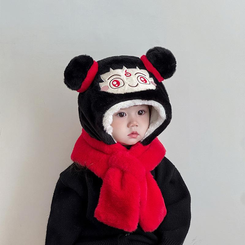 Children's Scarf and Hat All in One Festive and Cute Nezha Ear Protection Hat Warm and Thickened Plush Pullover Hat for Men and Women