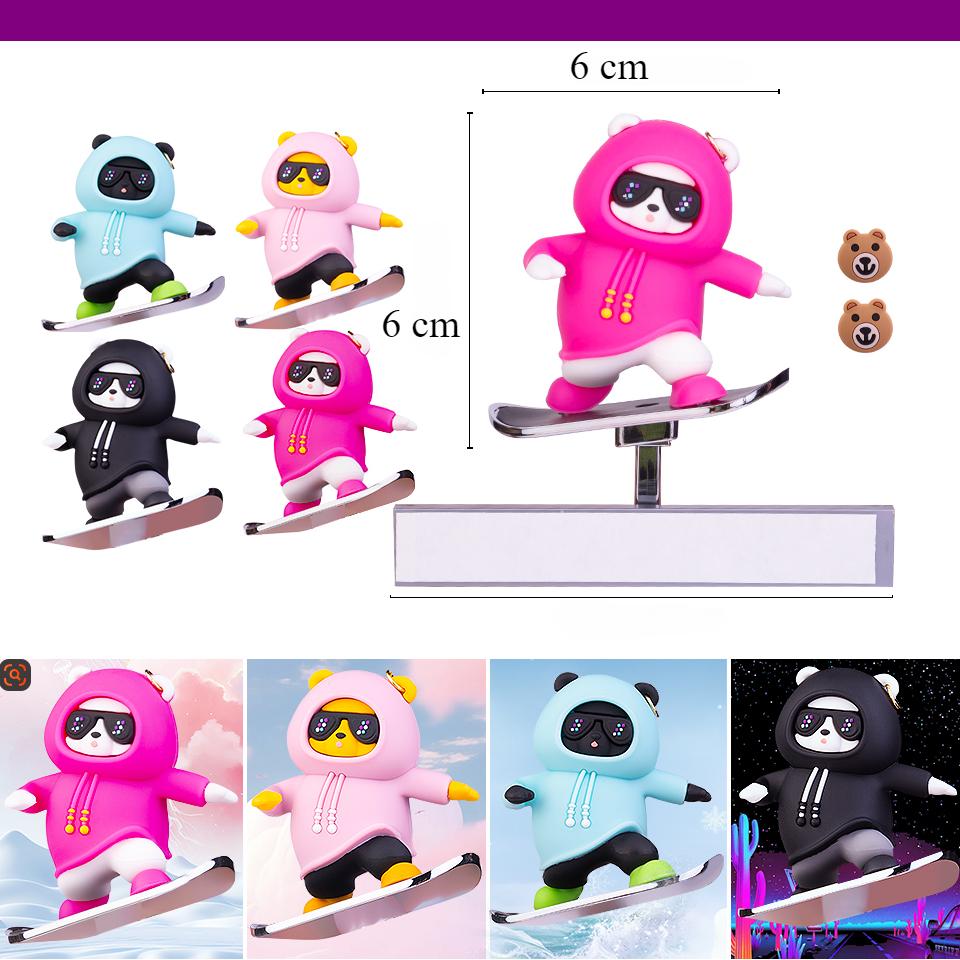 Skateboarding Bear Car Dashboard Ornament 6cm X 6cm - Funny Sliding Decoration for Car Interior, Rose Pink Silicone Skater Bear Figurine