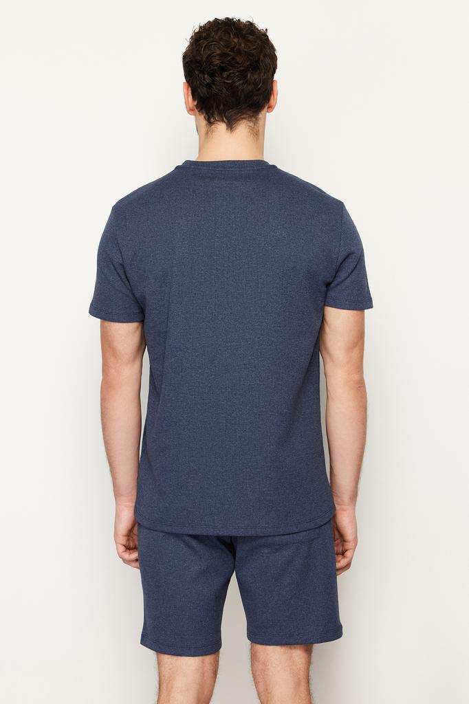 Men's Fashion New Pajama Set Indigo Regular Fit Waffle Knitted Pajama Set with Shorts