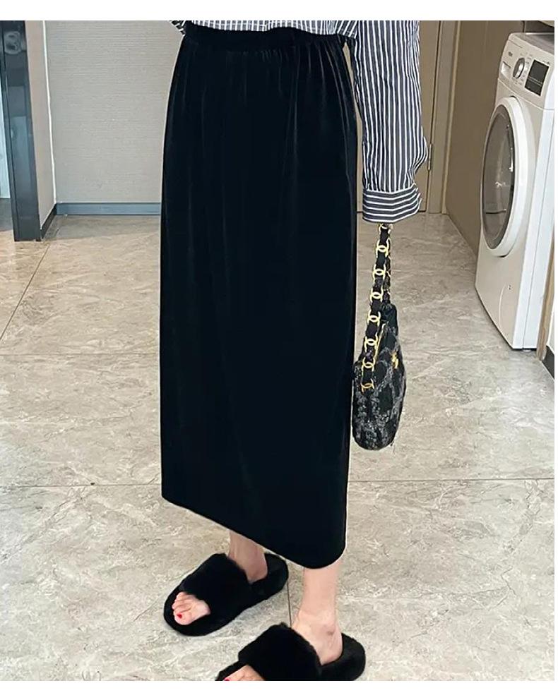 Women's Black Velvet Midi Skirt - Petite, Hip-Hugging, H-Line (Spring/Autumn 2026)
