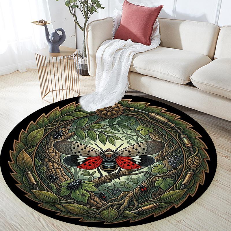 Insect Forest Emblem Round Area Rug Under Office Chairs Bedroom Living Room Home Decor
