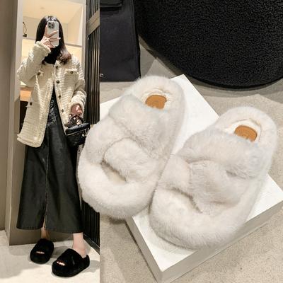 Популярные в интернете женские осенне-зимние новые хлопковые тапочки с открытым носком и пушистой отделкой, на толстой подошве, нескользящие, с перекрещенными ремешками