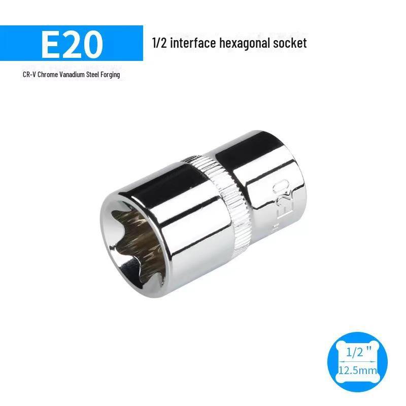 Metric 6-Point Flower-Shaped E-Type Socket Set: 1/2 Large, 3/8 Medium, 1/4 Small, Star Type.