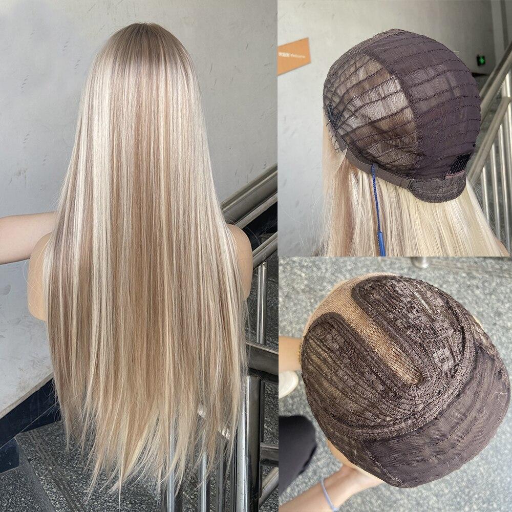 ALAN EATON Основные моменты Блондинка Парик фронта шнурка Длинный прямой синтетический парик Натуральная линия волос Светлые парики для женщин Высокая температура