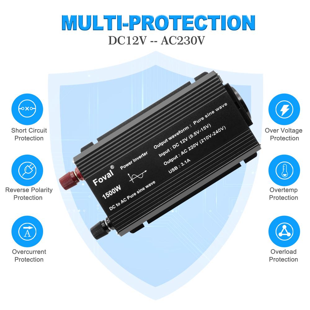 1500 Вт (вершина горы) 12 В до 230 В 750 Вт номинальный инвертор чистой синусоиды 2 x 5 В 2,4 А USB-порты для автономных солнечных систем для кемпинга и дома