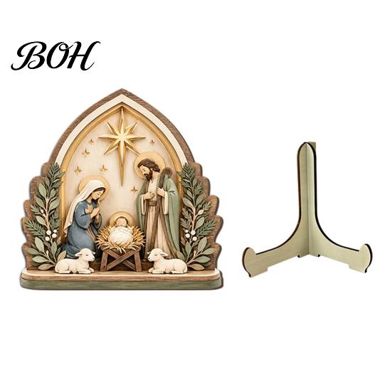 Christmas Religious Theme Decor Nativity Scene Wooden Tabletop Sign, Manger Holy Family Figurine Decor, Classic Gift Xmas Desktop Ornament,