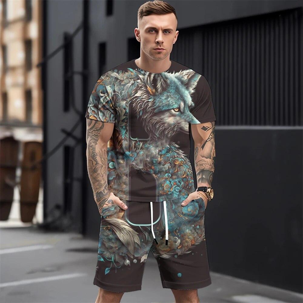 Летние мужские комплекты футболок, модная одежда с 3D принтом животных, необходимая одежда для мужчин, повседневный спортивный костюм, спортивный костюм из двух предметов для бега, спортзала