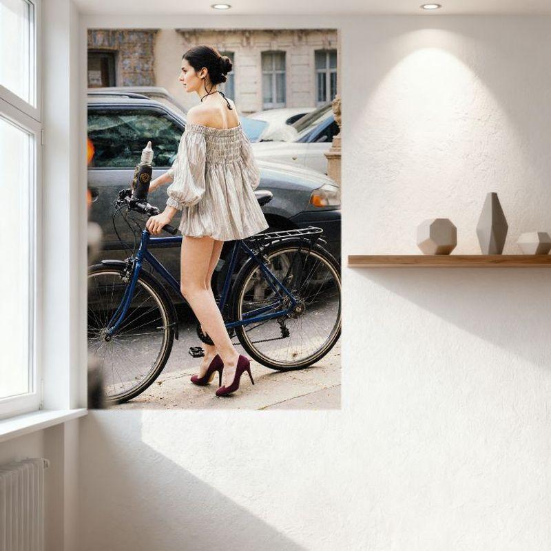 Sexy Dark - Haired Woman in Ruffled Off - Shoulder Dress Maroon Heels by Blue Bicycle Urban Scene Vintage Tin Sign Metal Poster