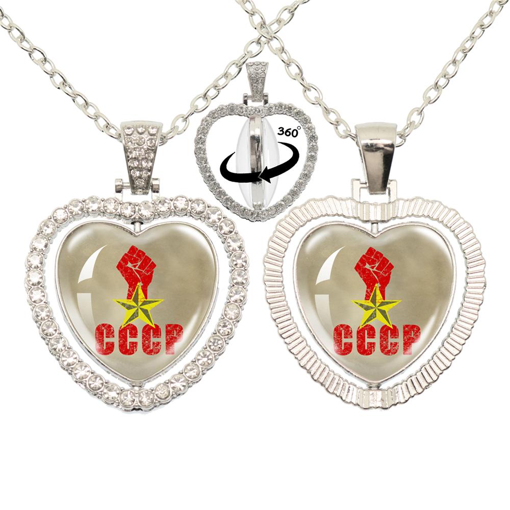 Vintage Ussr Soviet Badges Sickle Hammer Heart shaped Pendant Necklace Cccp Fashion 360 Degree Rotary Rhinestone Jewelry