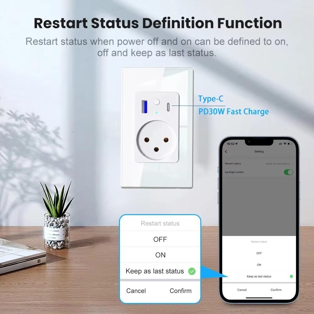 Melery Wi-Fi Smart Israel Wall Socket USB Type-C PD 30W Fast Charge Power Outlet Glass Panel App Voice Remote Alexa Google Home