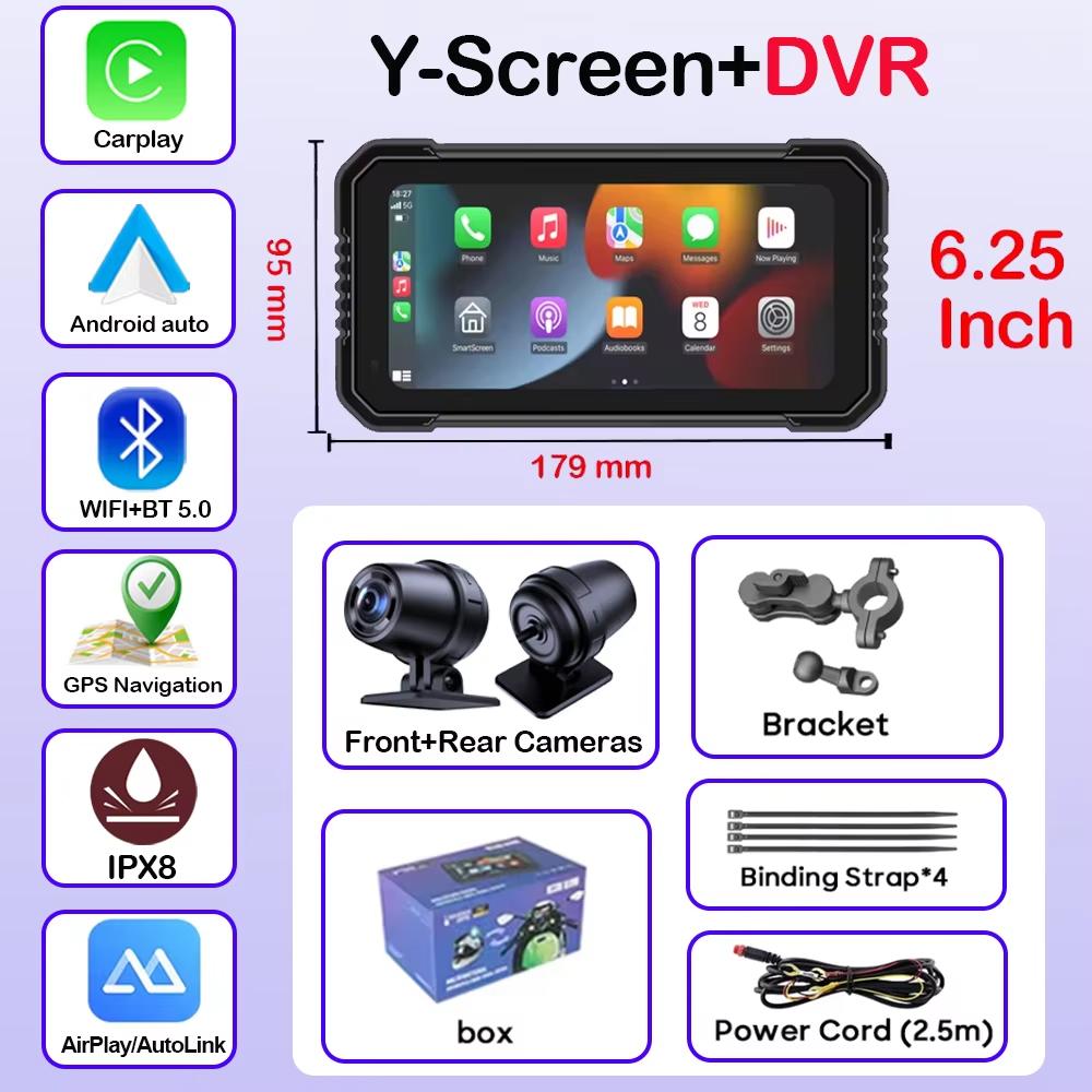 6.25-дюймовый портативный GPS-навигатор, мотоциклетный водонепроницаемый дисплей, беспроводной CarPlay для мотоцикла, Android Auto, двойной DVR-монитор, видеорегистратор