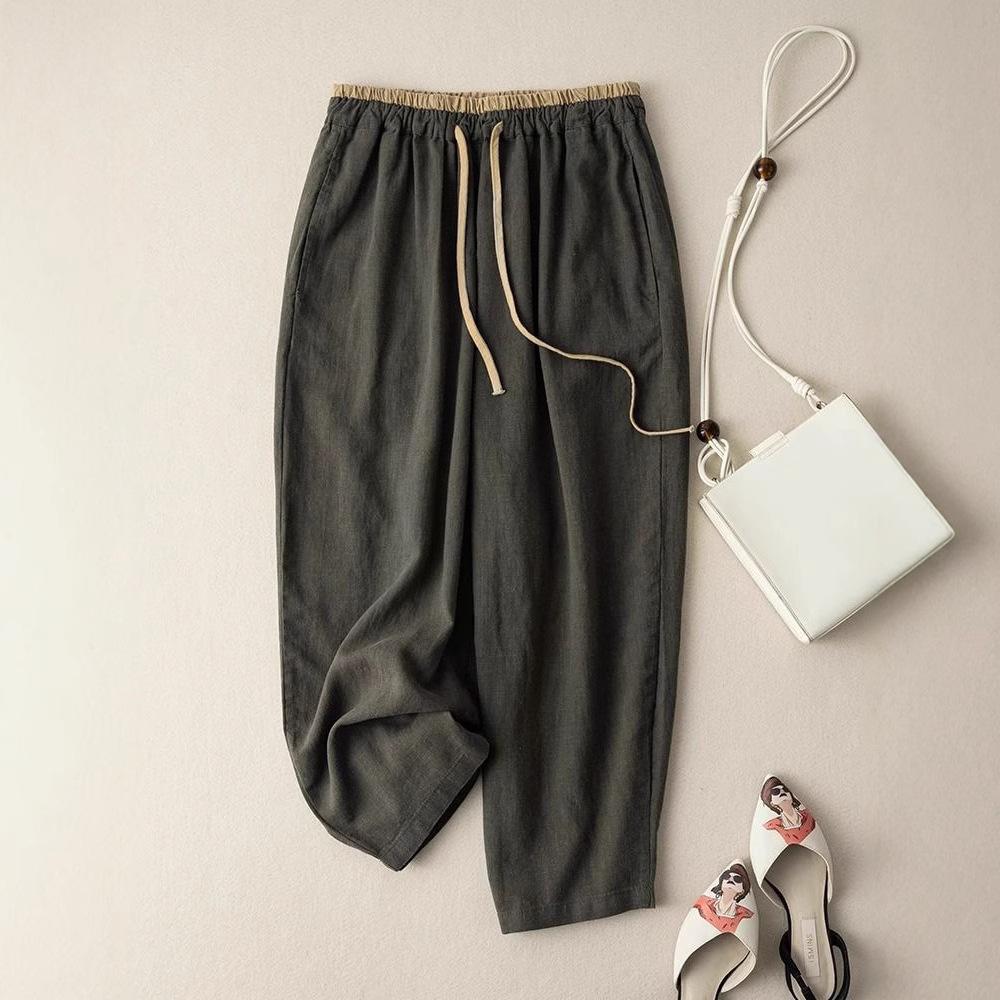 Summer Retro Loose Harem Pants Elastic Drawstring Waist Casual Pants Basic Versatility Wide Leg Ankle Length Pant