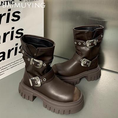 Ботильоны женские на платформе, модные кожаные туфли с пряжкой на среднем каблуке, тренд 2025 года, массивные туфли-лодочки в готическом стиле, зимние мотоциклетные ботинки для женщин