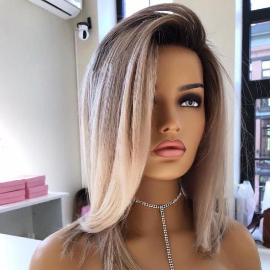 Women Long Straight Wig Side Part Natural Heat Resistant Ladies Shoulder Length Gradient Color Synthetic Hair