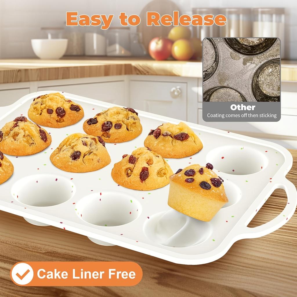 Silicone Muffin Baking Pan with Metal Support Structure, Featuring 12 Standard-Sized Non-Stick Cupcake Compartments, Perfect for Oven Use
