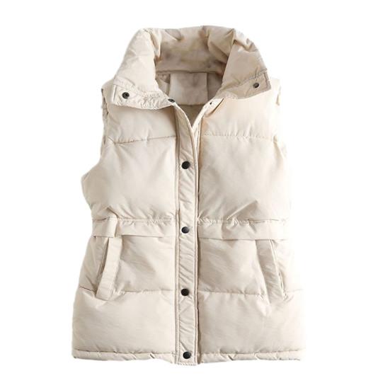 Women Winter Coat with Pockets Press Button Closure Padded Stand Collar Sleeveless