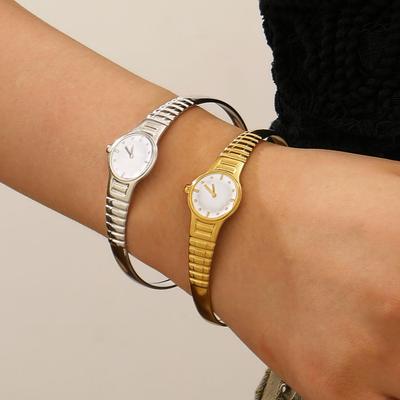 Ретро Роскошная Мода Креативность Капающее Масло Часы Форма Ремешка Текстурный Дизайн Нержавеющая Сталь Открывающийся Браслет Для Женщин