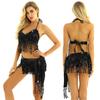 2Pcs Womens Shiny Sequin Tassels Belly Dance Costume Halter Bra Top with Hip Scarf Wrap Skirts Set Ballroom Dancewear